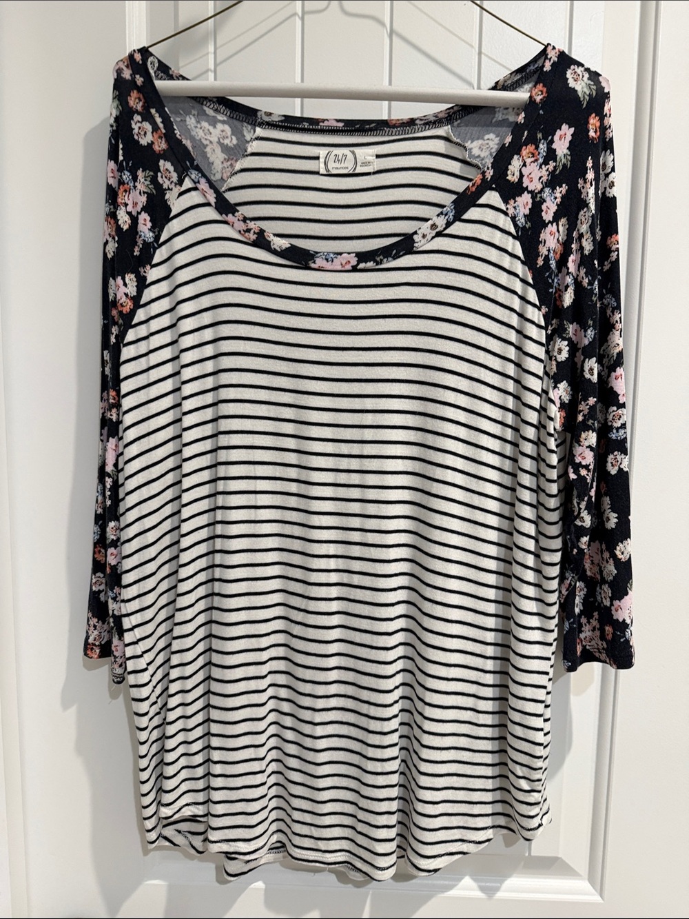 Striped Black & White Long-Sleeve Tee with Floral Raglan Sleeves